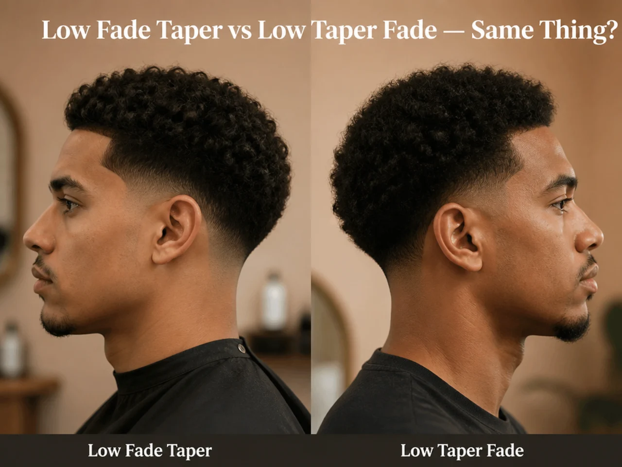 Two barbershop side profiles side by side comparing a low fade taper and a low taper fade, showing they are visually identical