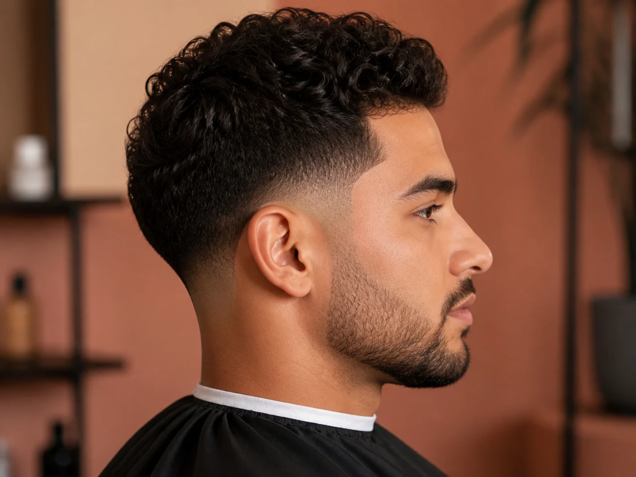 Side profile of a young man with a clean low fade taper starting just above the ear on straight brown hair
