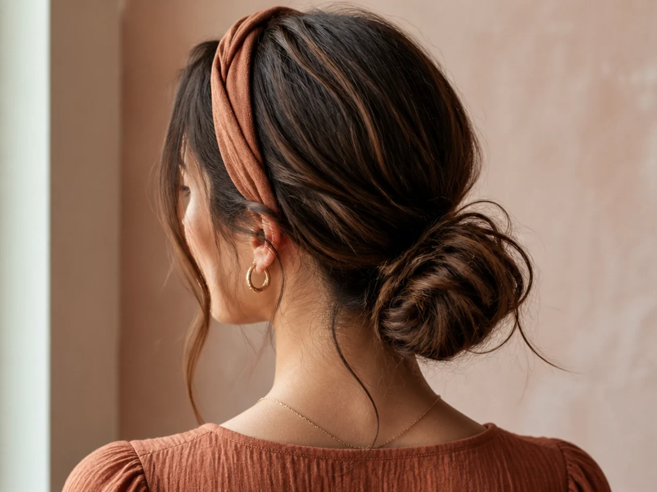 A low messy bun worn with a headband