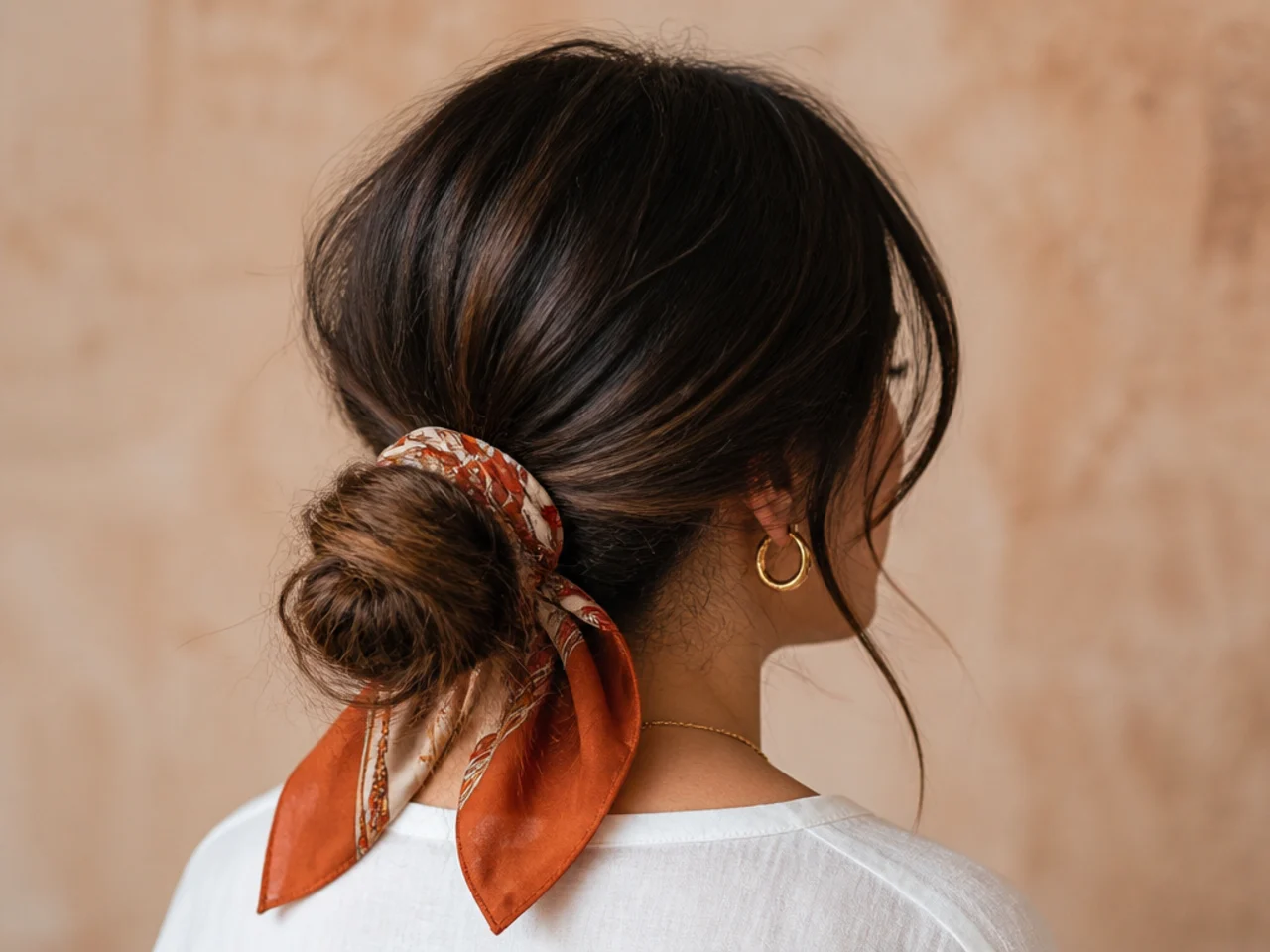 A low bun with a scarf at the base