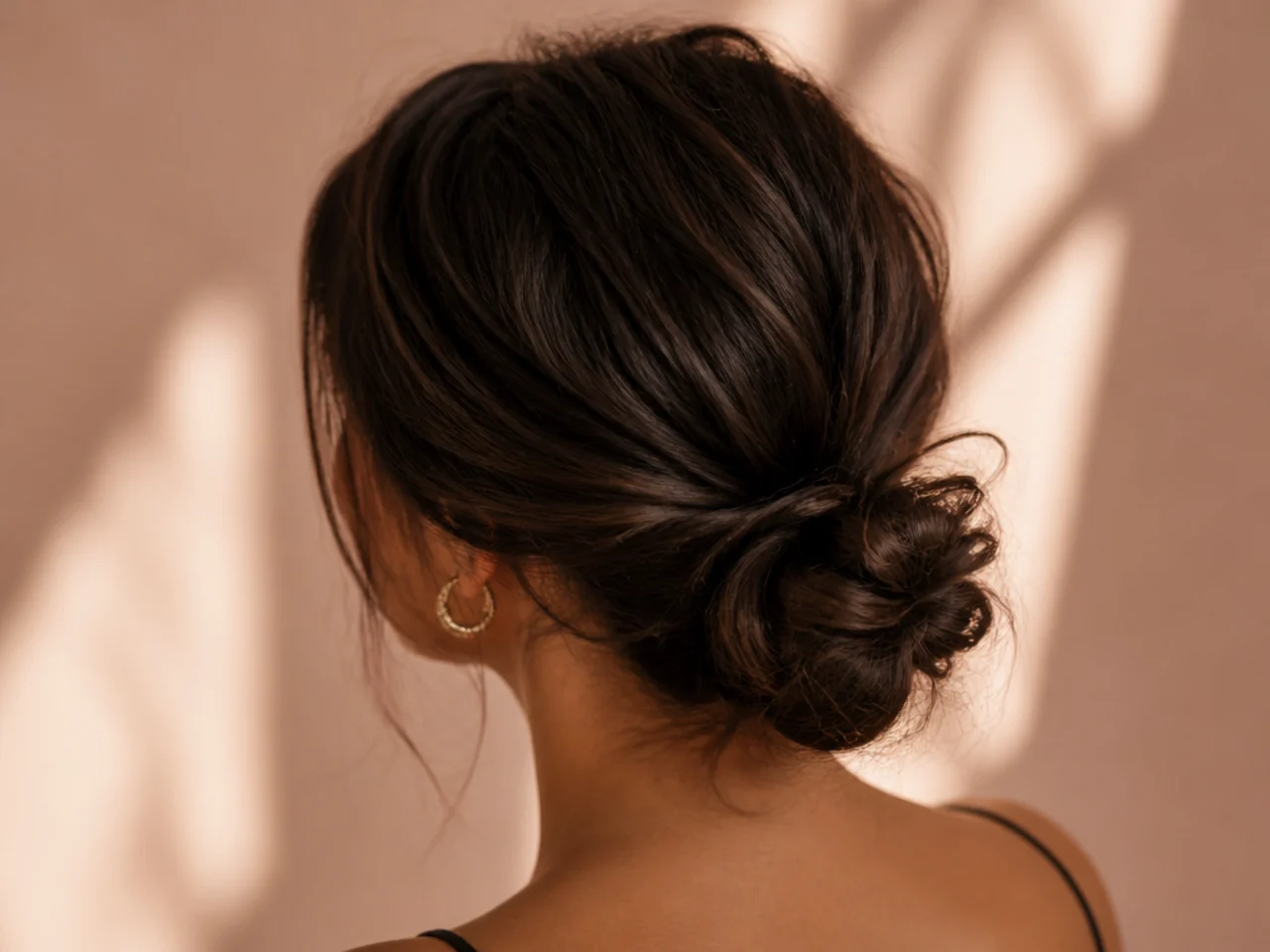 A low messy bun on thick hair