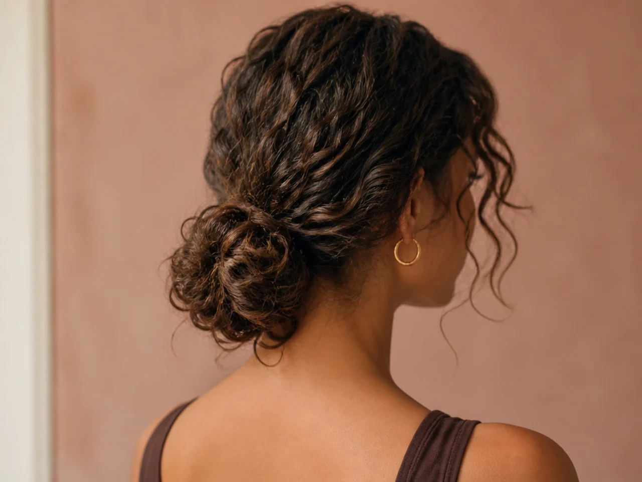 A low messy bun on curly hair