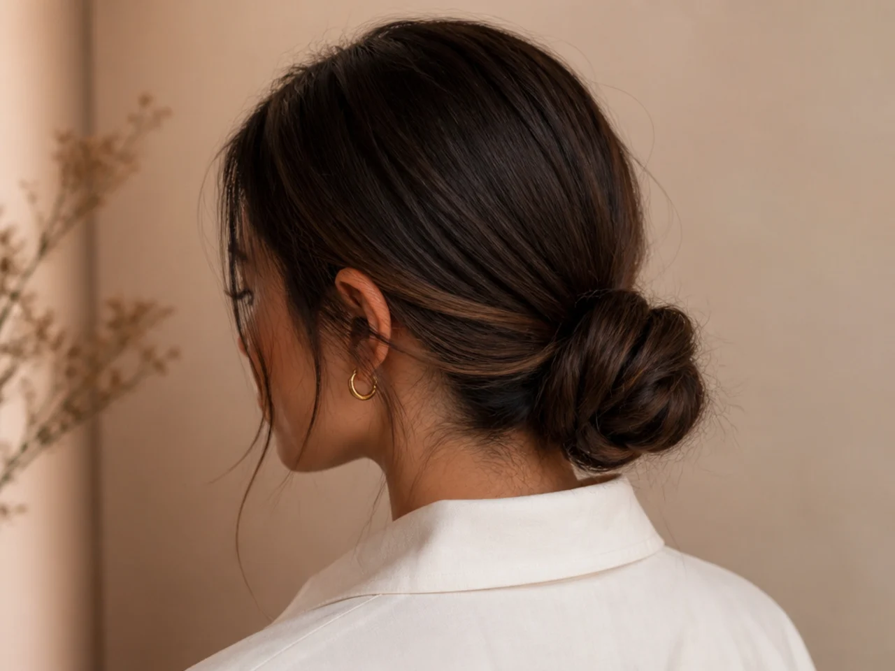 A low bun worn with a collared shirt