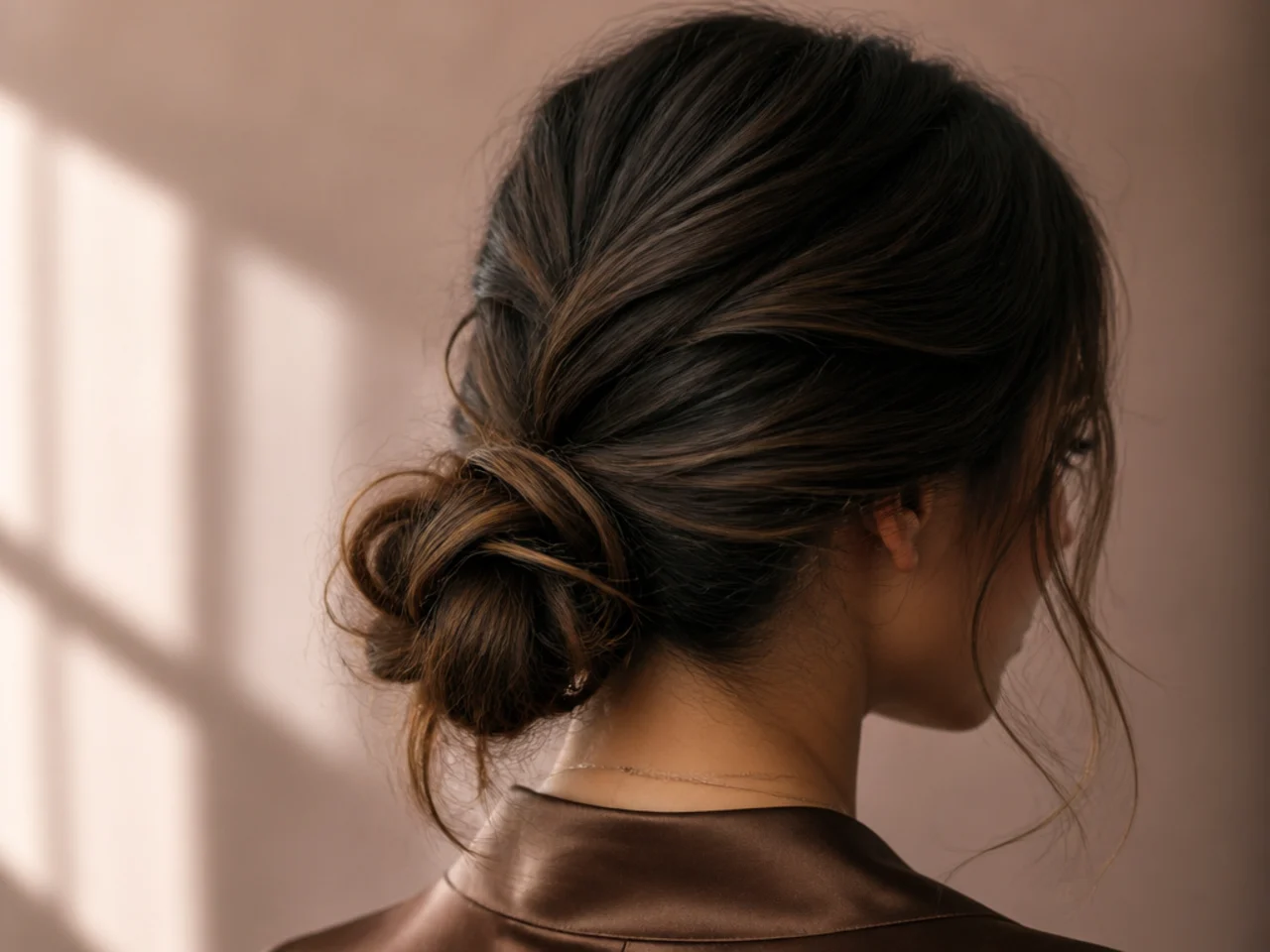 A low bun still in place late in the day