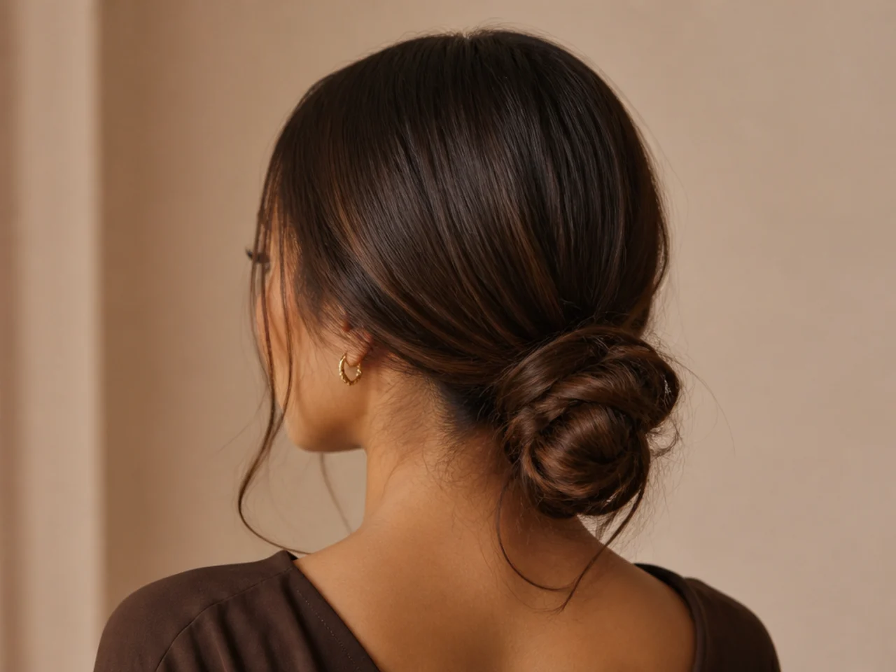 A low messy bun with a centre part