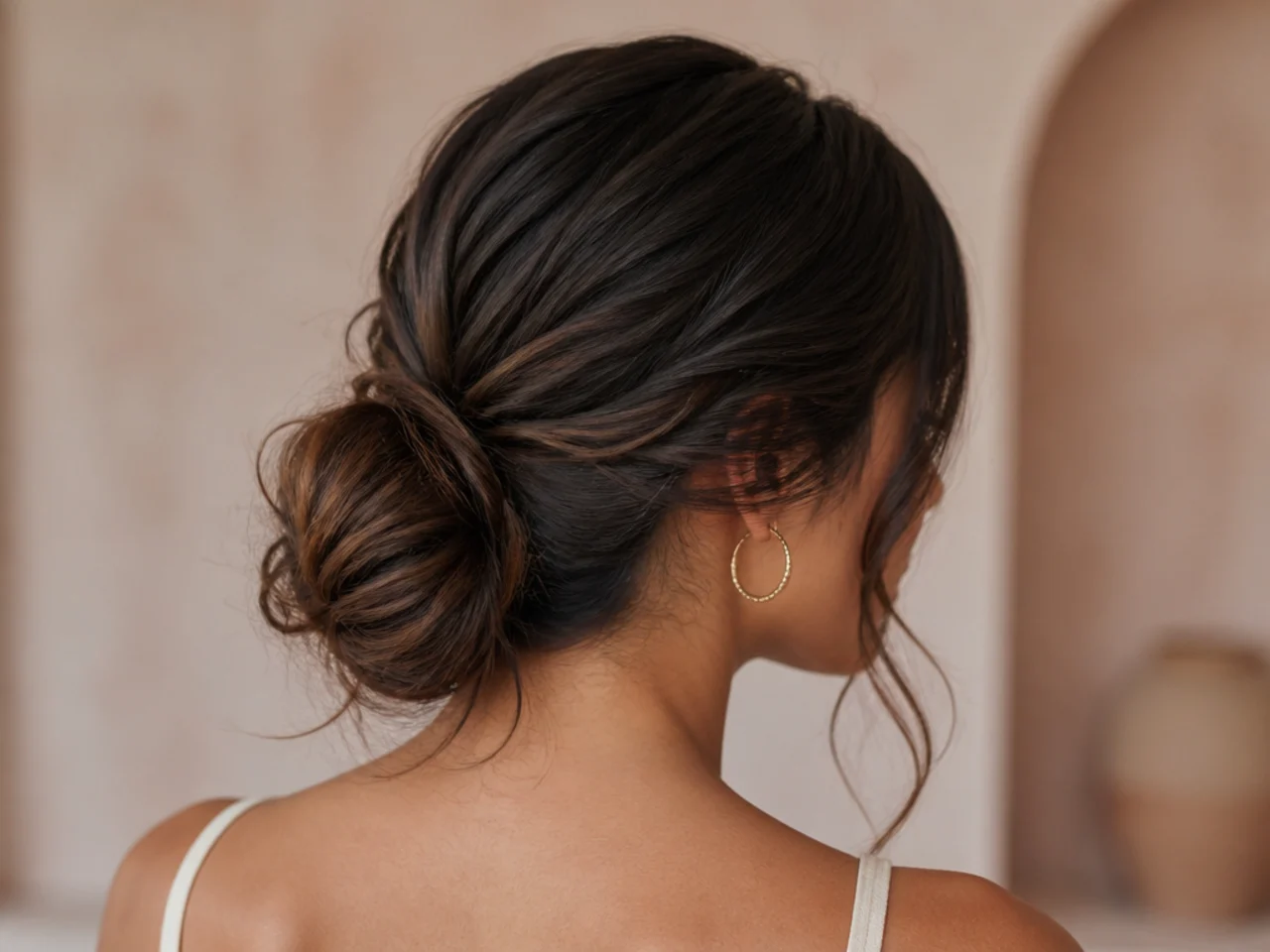 A low messy bun with a deep side part