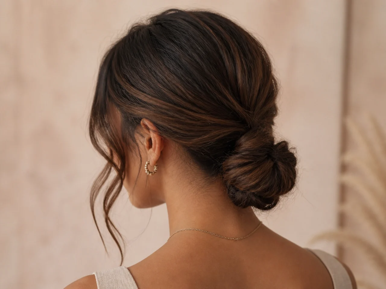 A low bun with two pieces pulled at the temples