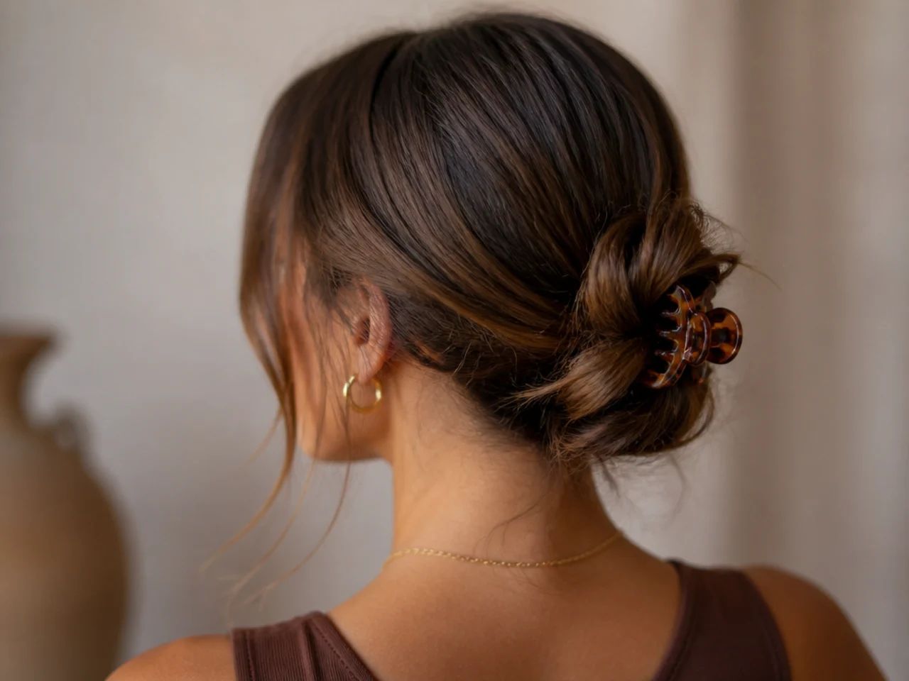 A low bun held with a claw clip