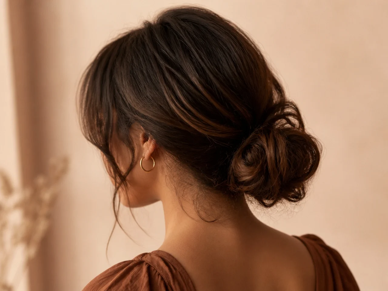 Three-quarter view of a finished low messy bun