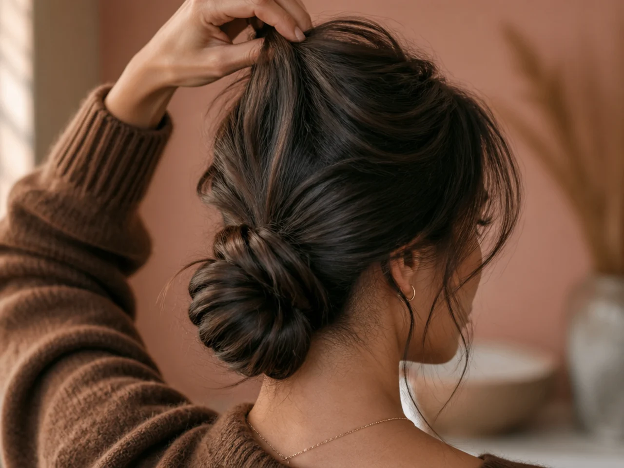 Roots being lifted before gathering a low bun