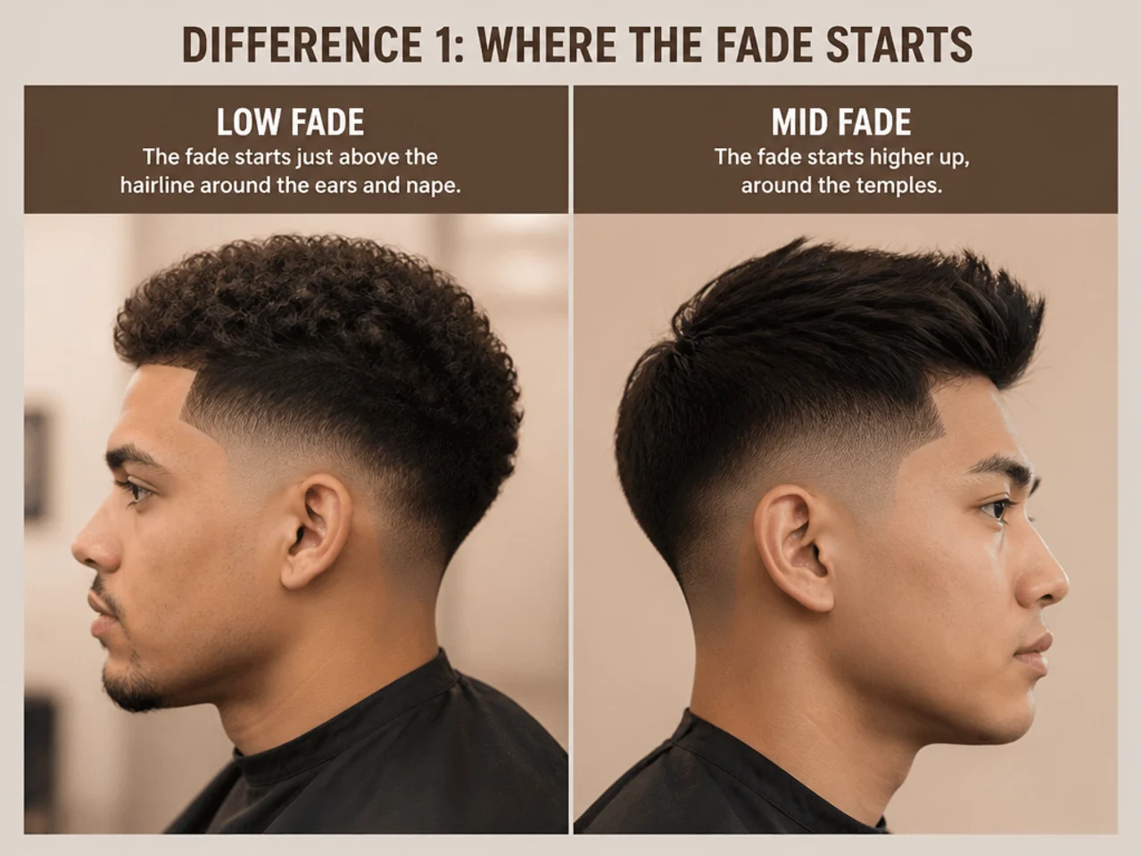 Barber's finger pointing to the start height of a low fade versus a mid fade on two side profiles