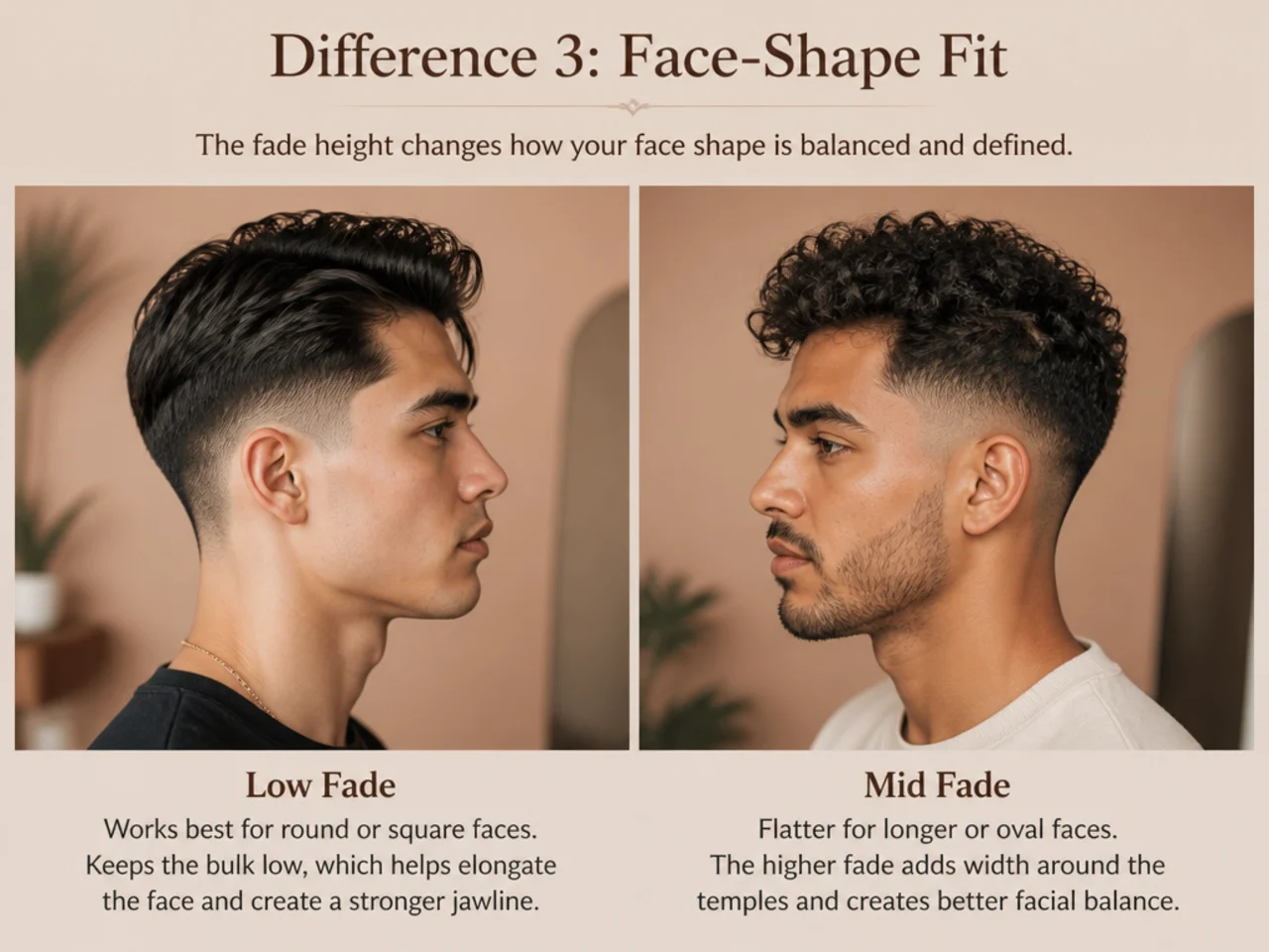 Four face-shape portraits showing low fade and mid fade fits for oval, round, square, and long faces