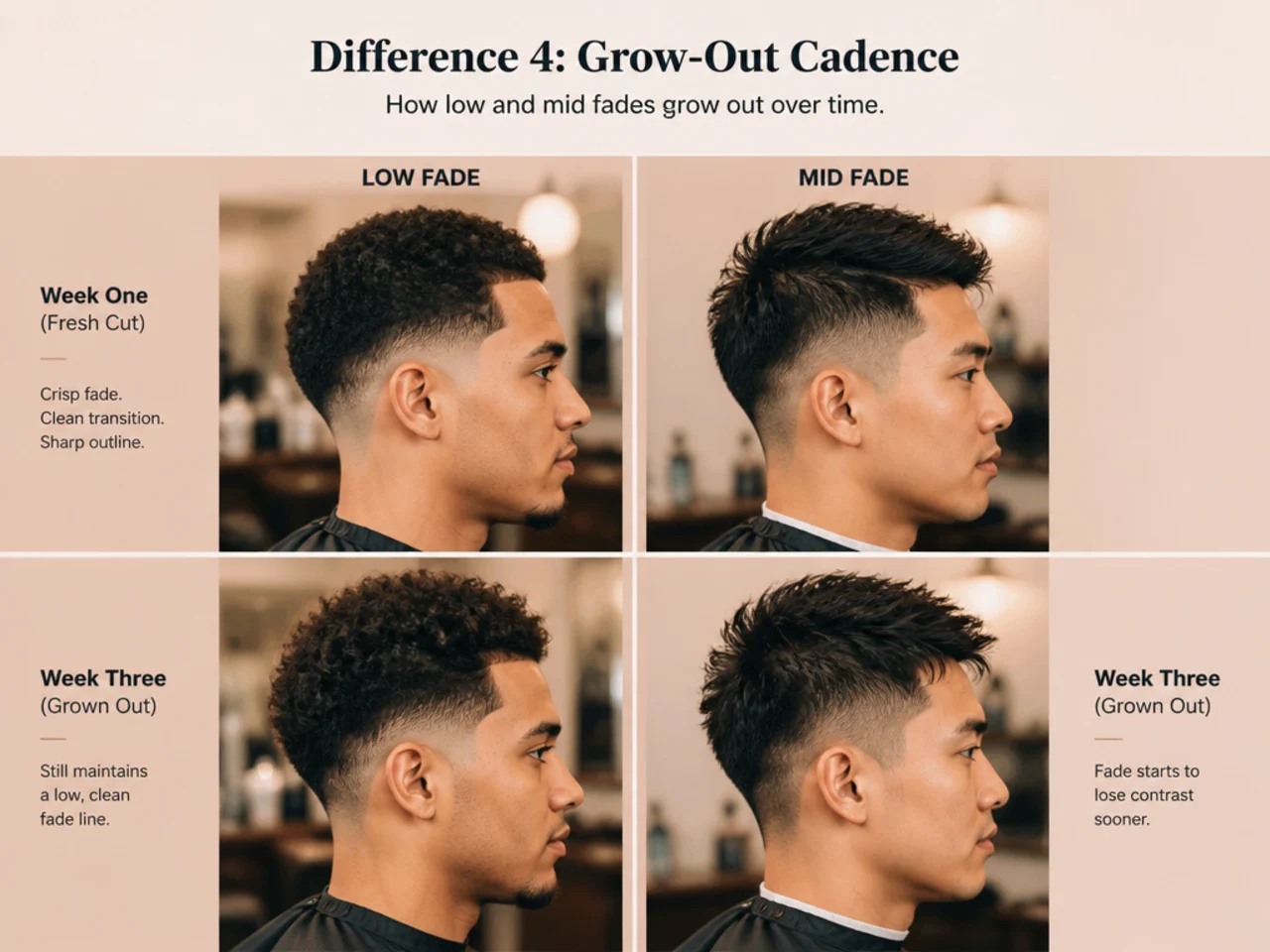 Same low fade and mid fade shown at week one and week three to compare grow-out