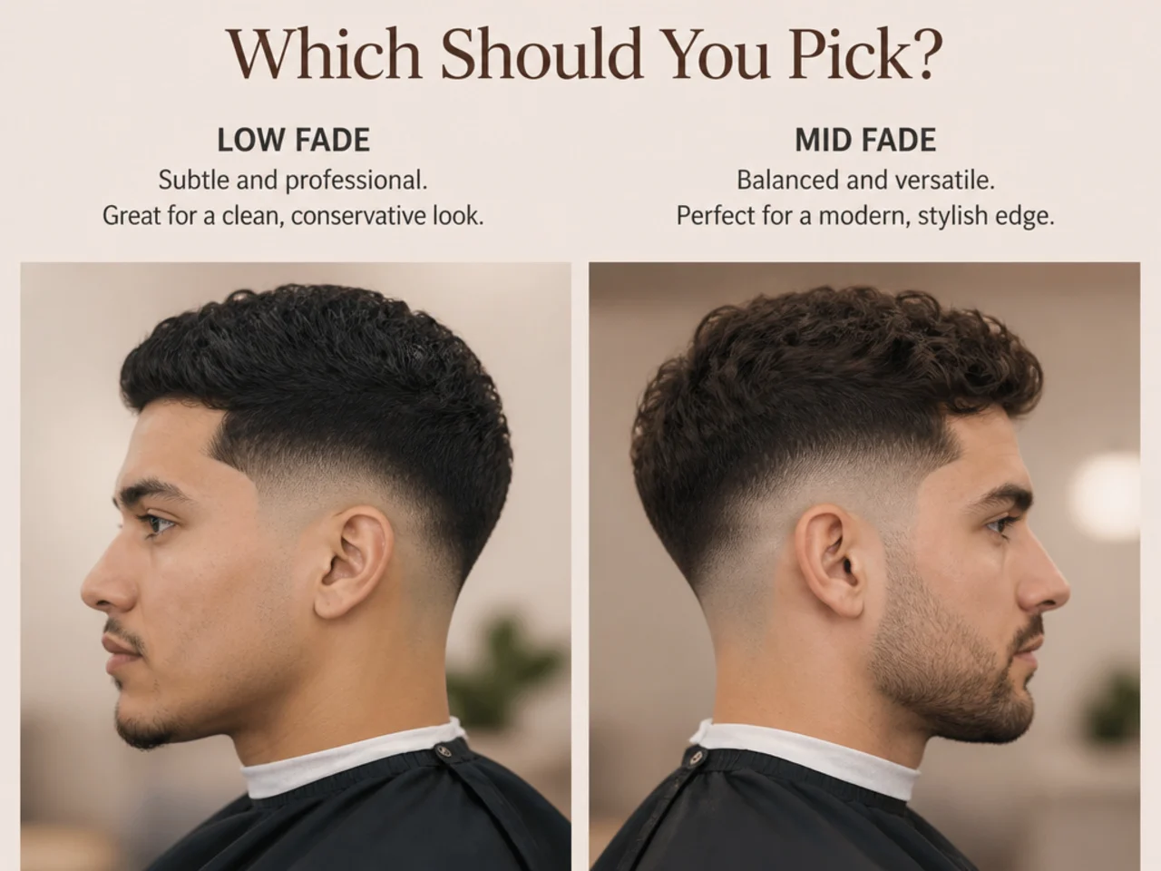 Barber holding two reference photos, one showing a low fade and one showing a mid fade