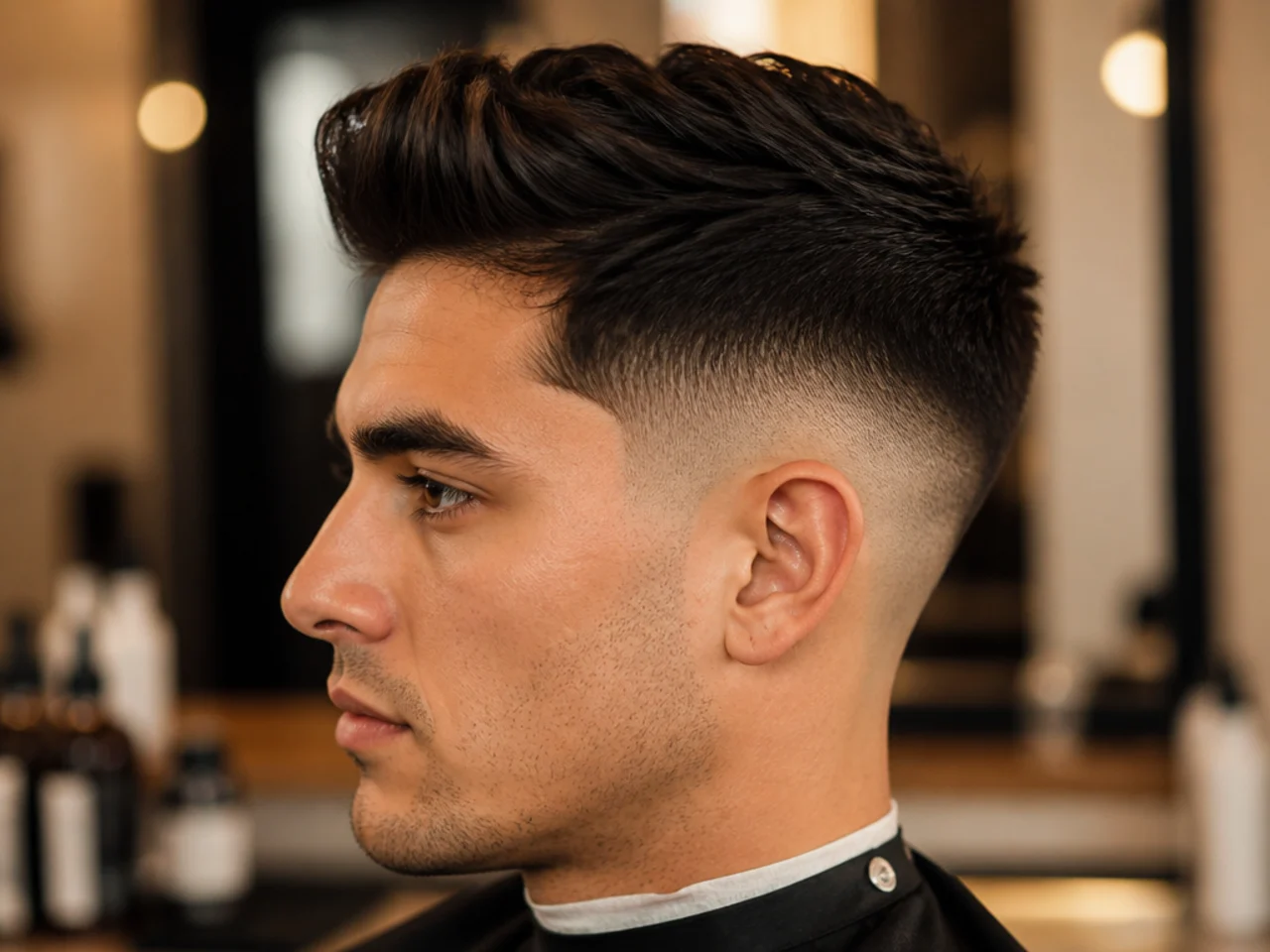 Low skin fade quiff with front lift and clean bare-skin sides on wavy hair
