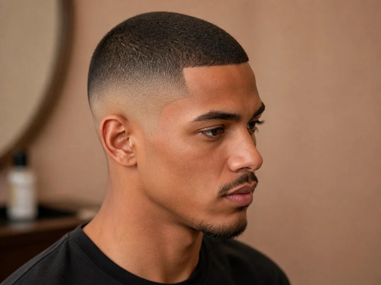 Low skin fade buzz cut with a #2 top and clean skin transition at the ear