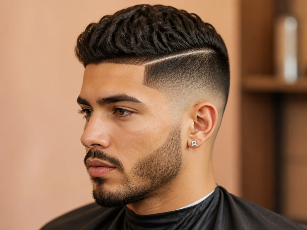 Low skin fade with razor-shaved hard part and combed top on straight dark hair