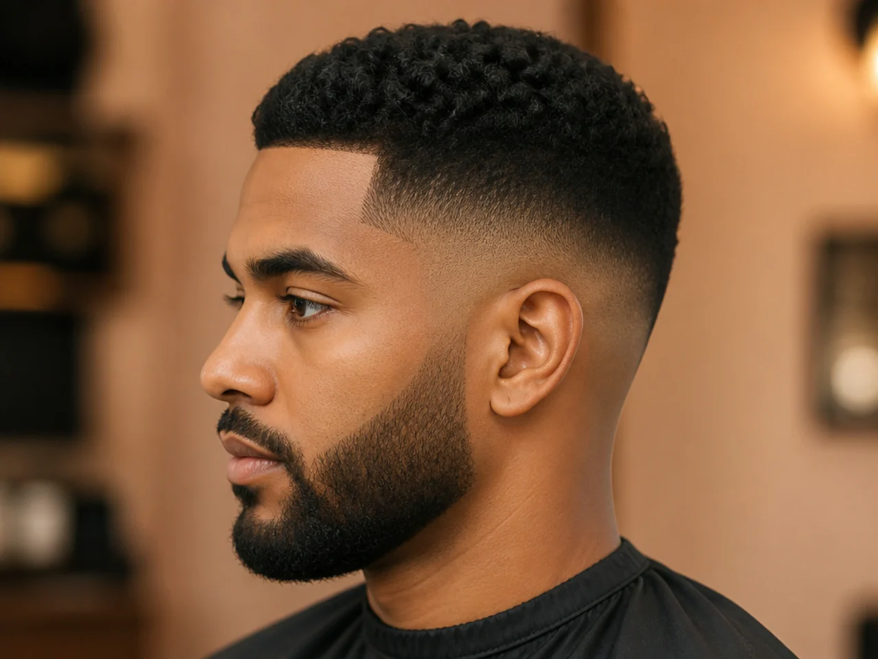 Low skin fade with beard blended into the sideburn for a continuous curve