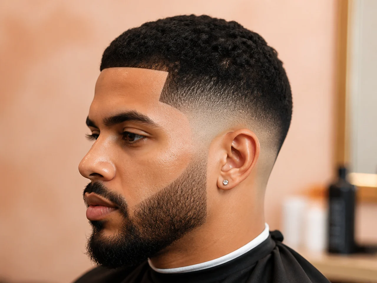 Low skin fade with a crisp razor-shaved line up along the forehead and temples