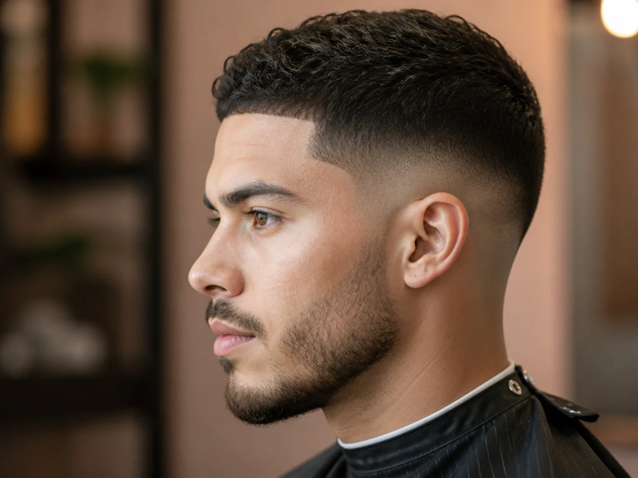 Low drop skin fade arcing down behind the ear with executive top on straight hair