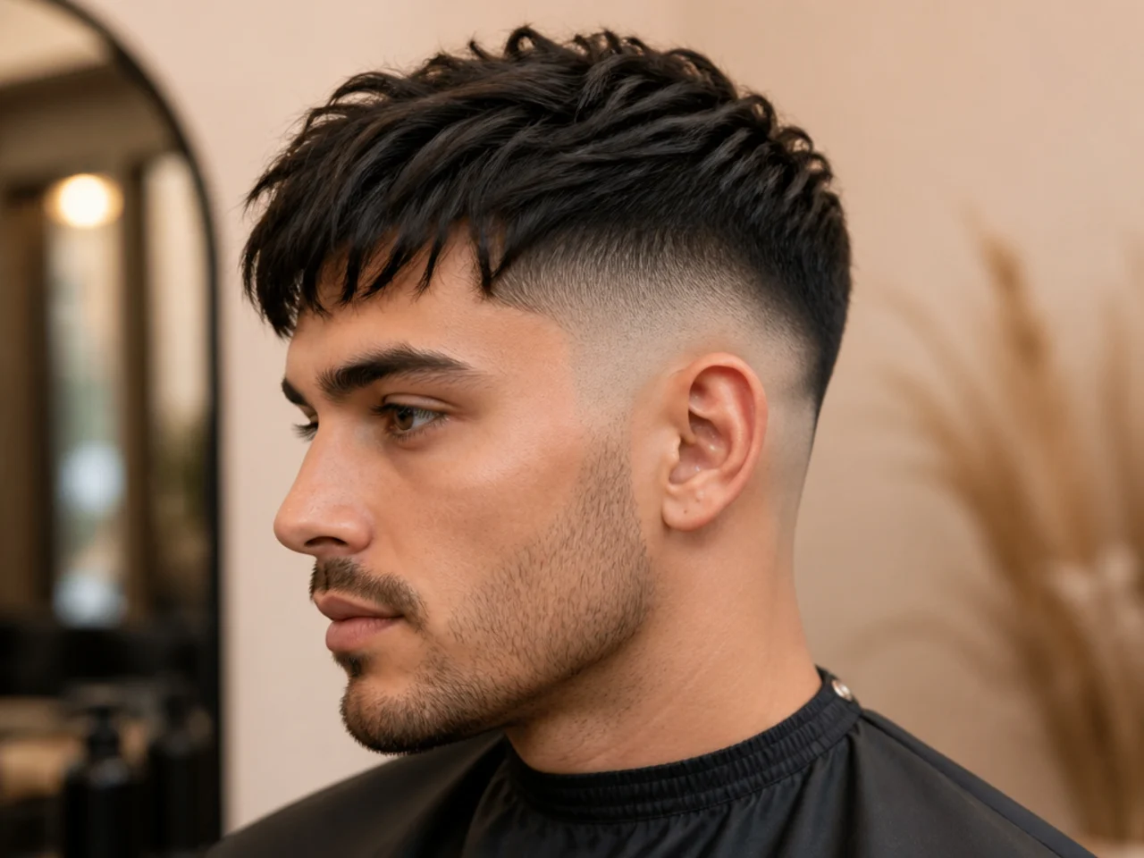 Low skin fade with piecey textured fringe brushed forward on wavy hair