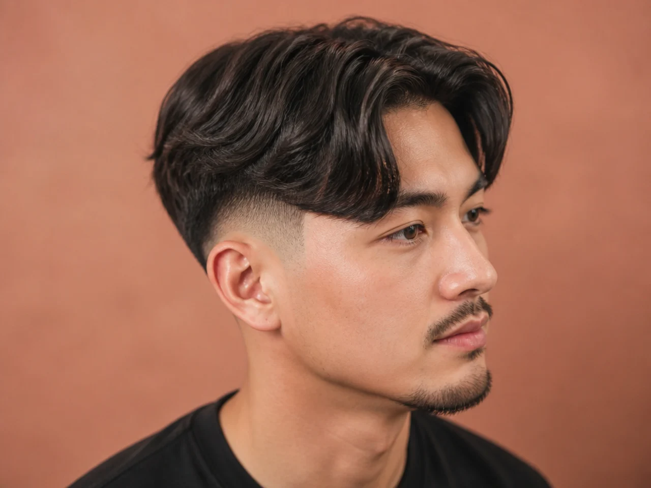 Low skin fade with middle-part curtain top swept away from the face on wavy hair