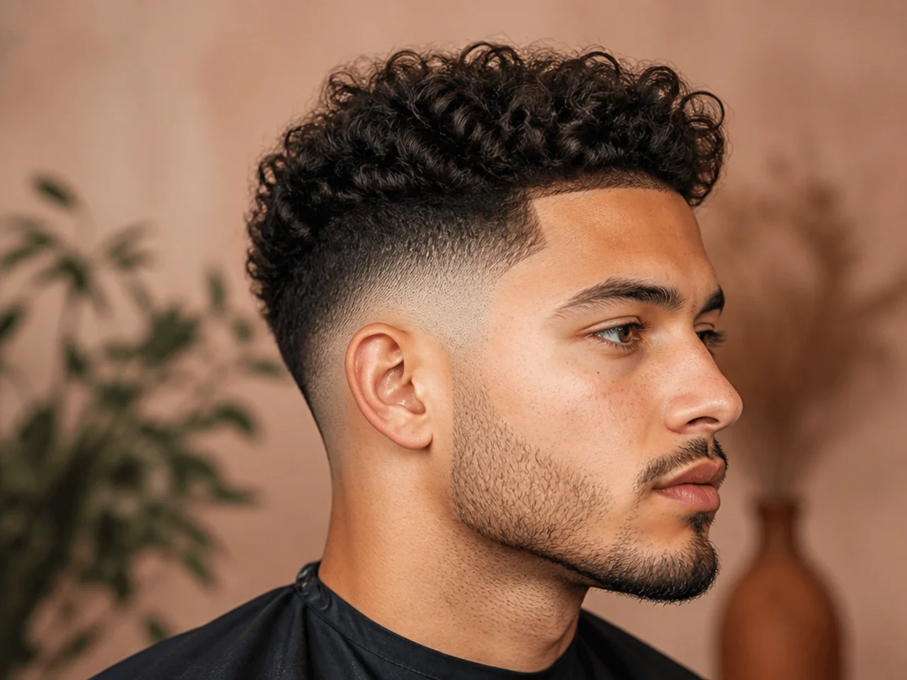 Low skin fade with scissor-cut curly top and clean skin sides on a young man