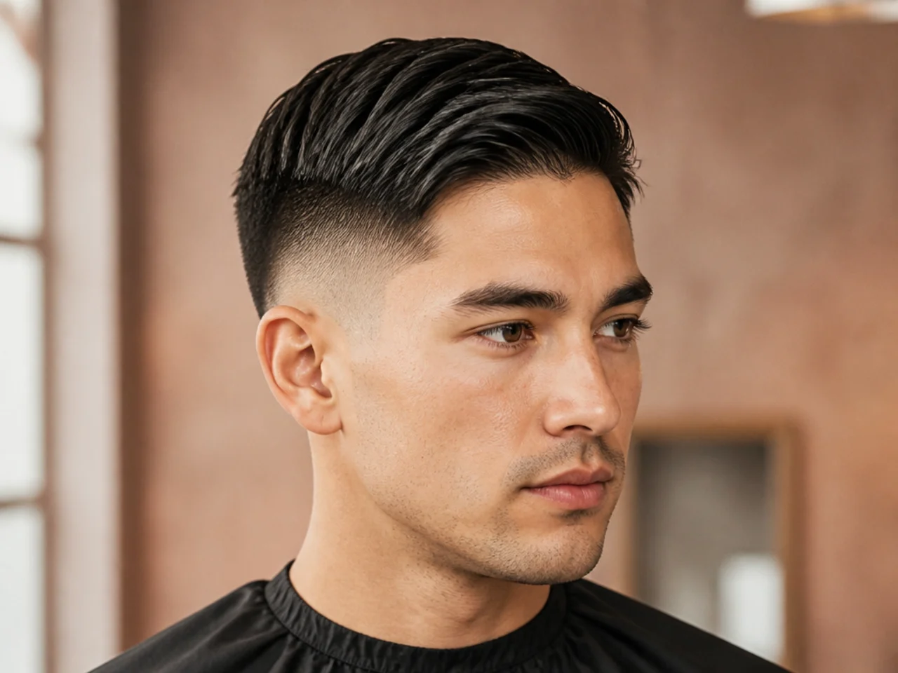 Low skin fade Ivy League haircut with side part on a professional man in a collared shirt