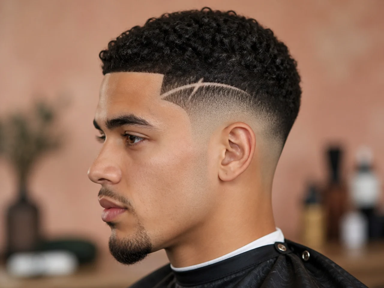 Low skin fade with a subtle razor-etched line design along the fade panel