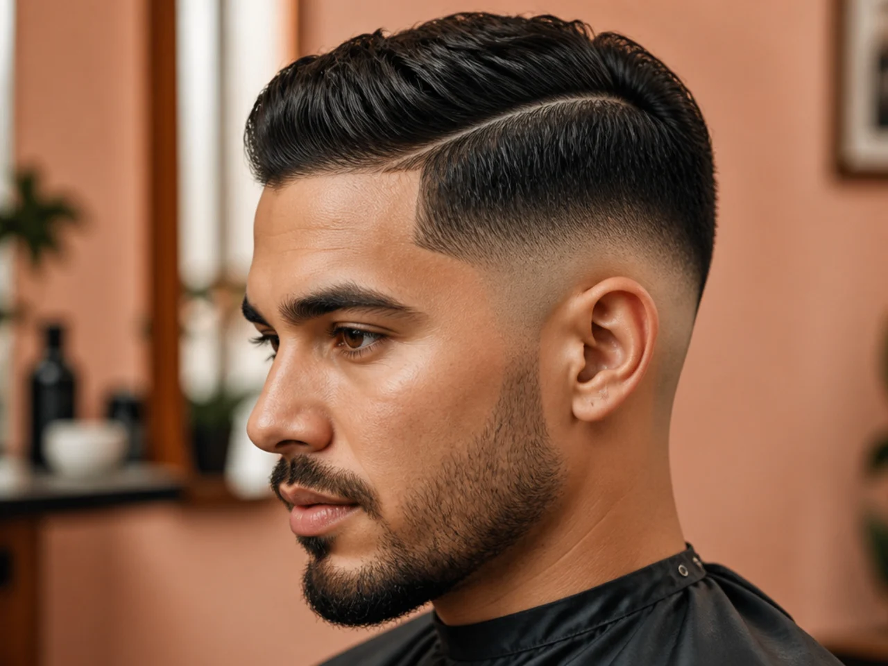Low skin fade with defined side part and combed straight top on wavy dark hair