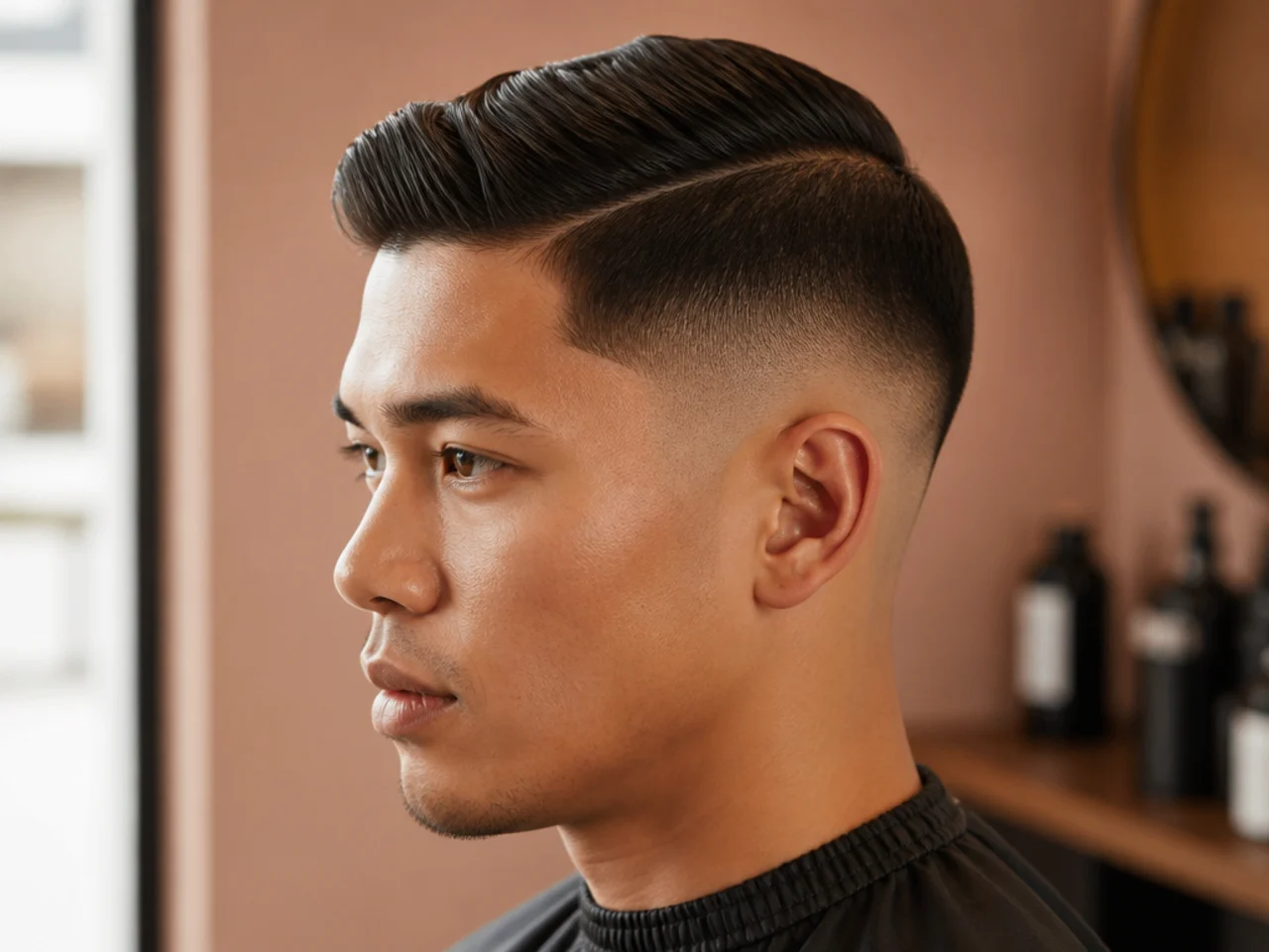 Low skin fade with modern comb over sweeping across the top on straight dark hair