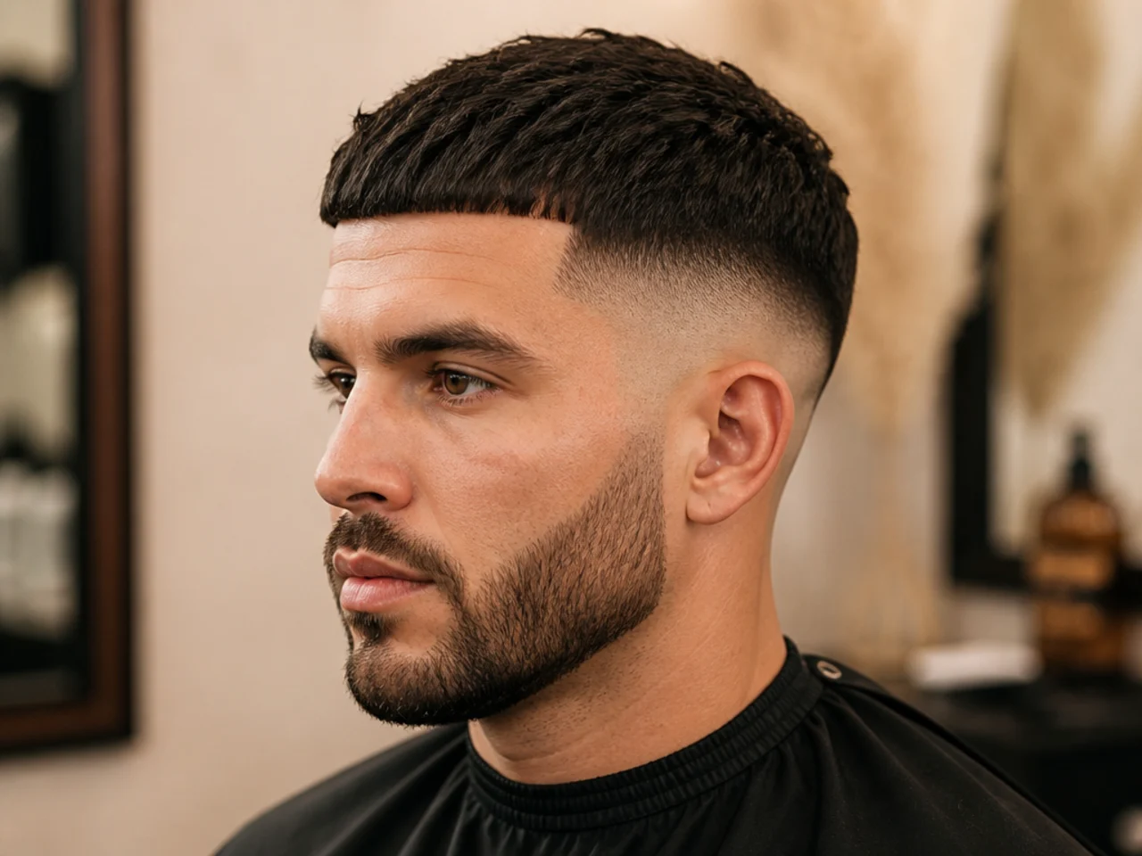 Low skin fade French crop with blunt short fringe brushed forward on straight dark hair