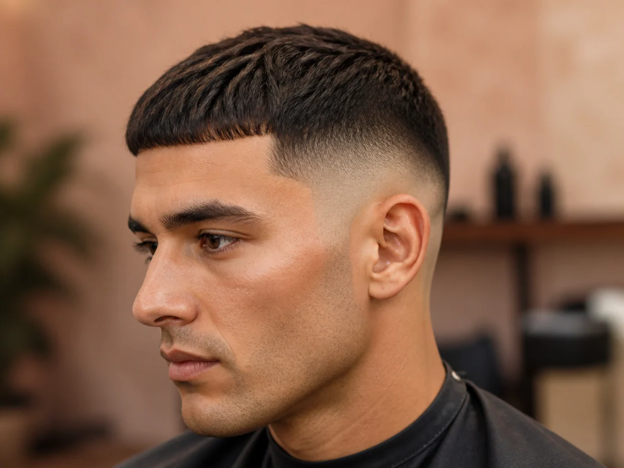 Low skin fade Caesar cut with uniform one-inch top and blunt fringe on straight dark hair