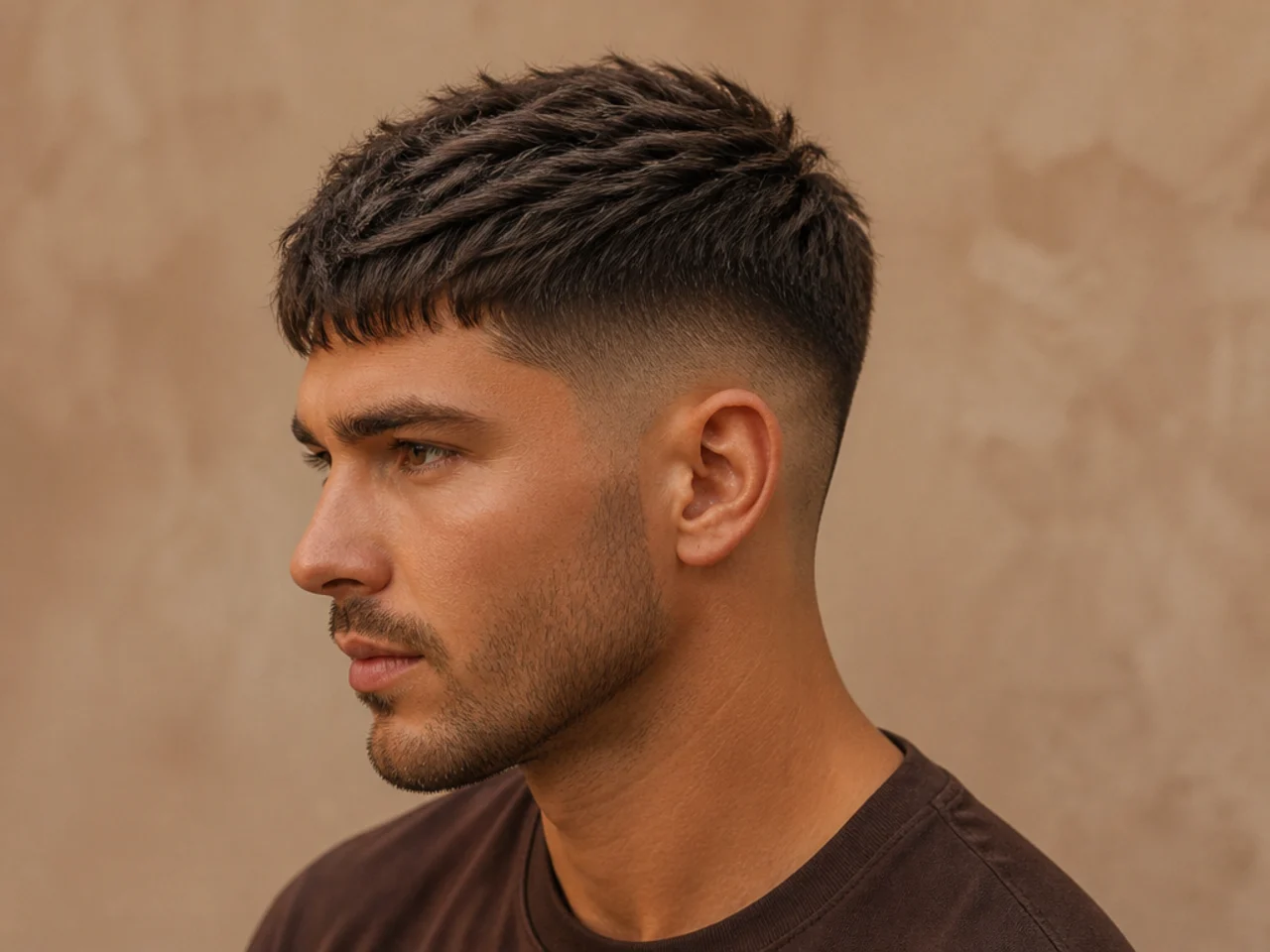 Low skin fade textured crop with piecey point-cut top on wavy hair
