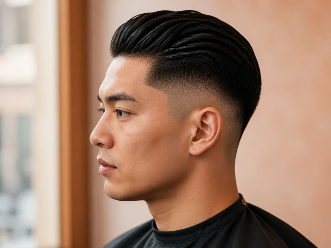 Low skin fade slick back with three inches of top length combed back and medium shine