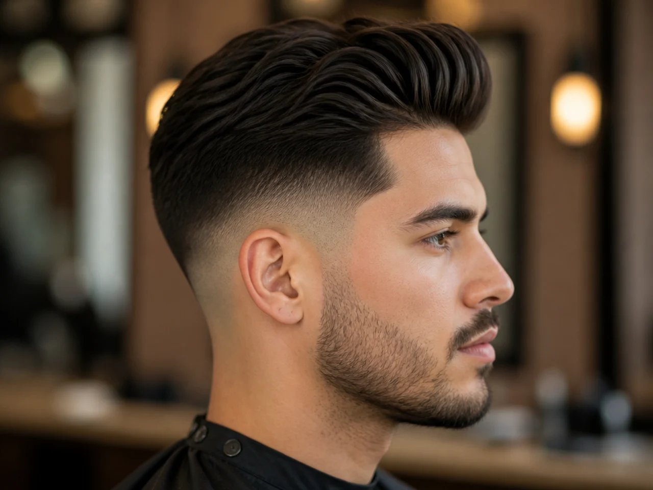 Low skin fade pompadour with four inches of volume swept up and back on straight hair