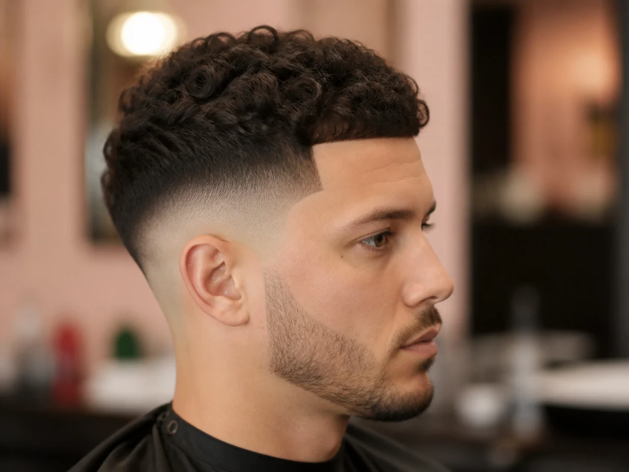 A man in a barber chair showing his barber a reference photo of a low skin fade haircut