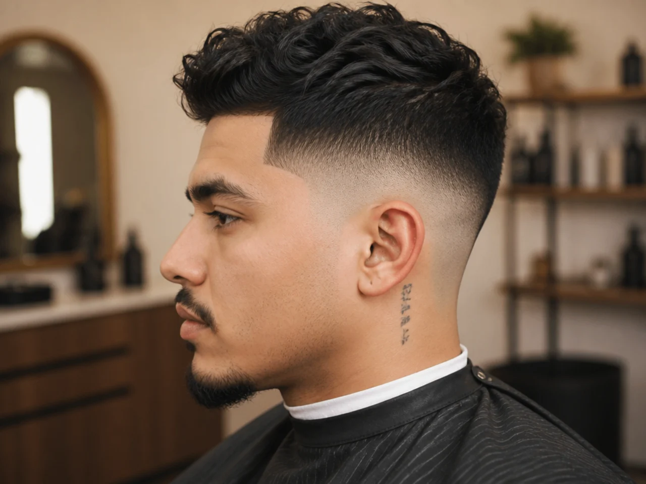 Grooming products laid out for maintaining a low skin fade — matte paste, sea-salt spray, sunscreen, and a soft-bristle brush