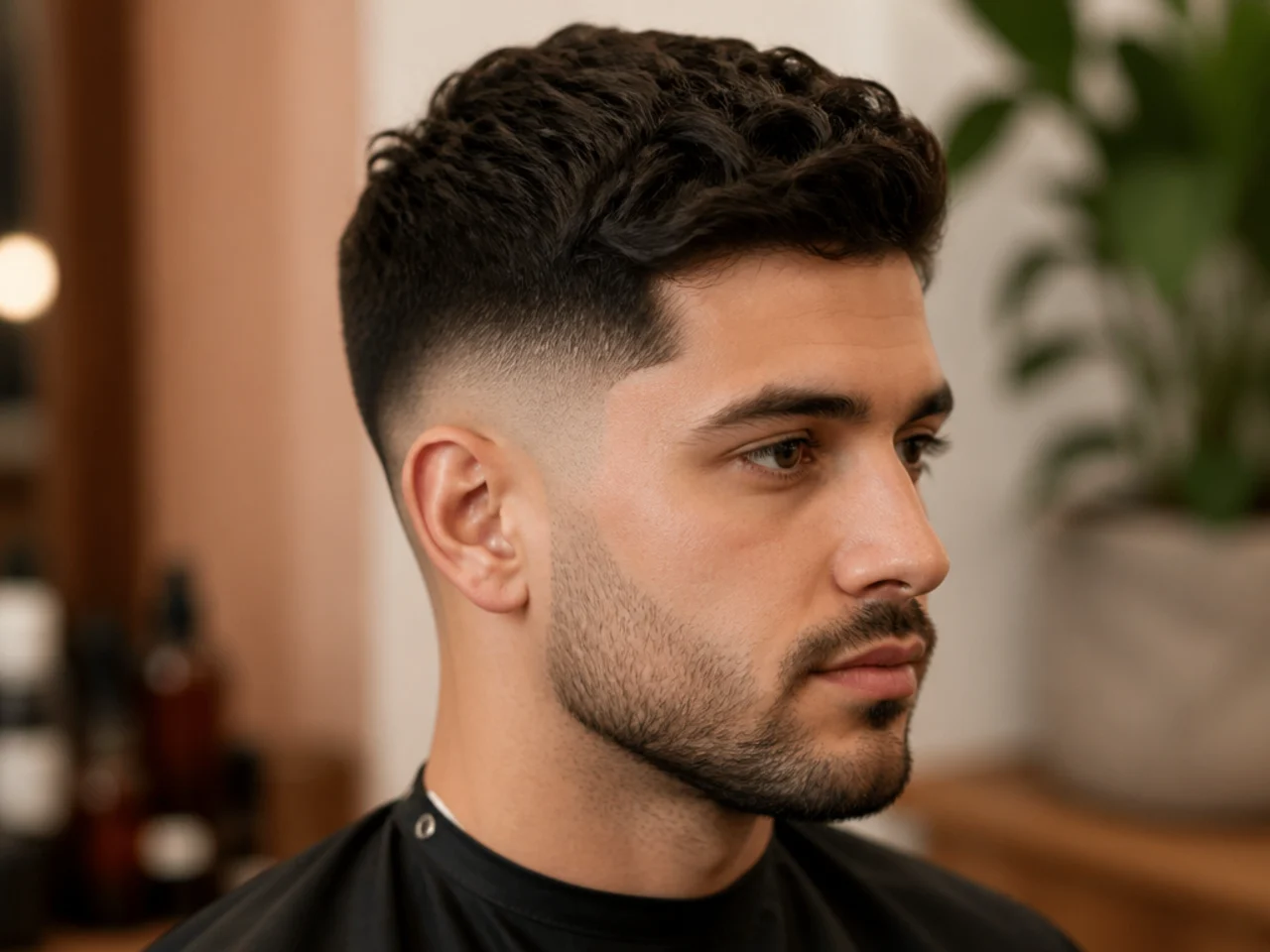 Side profile of a fresh low skin fade taken to bare scalp just above the ear on a young man