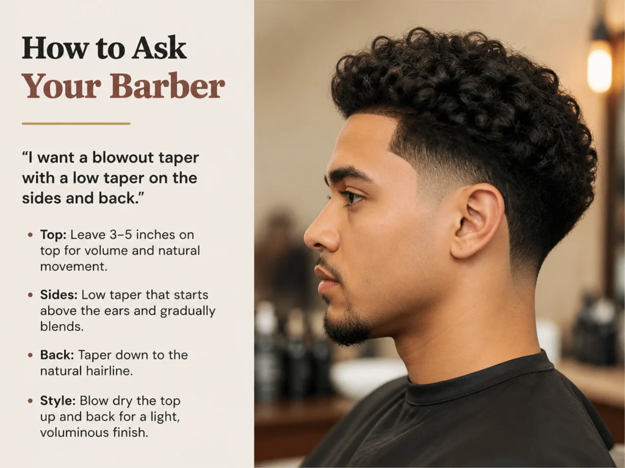A young man showing his barber a photo of a low taper blowout on his phone
