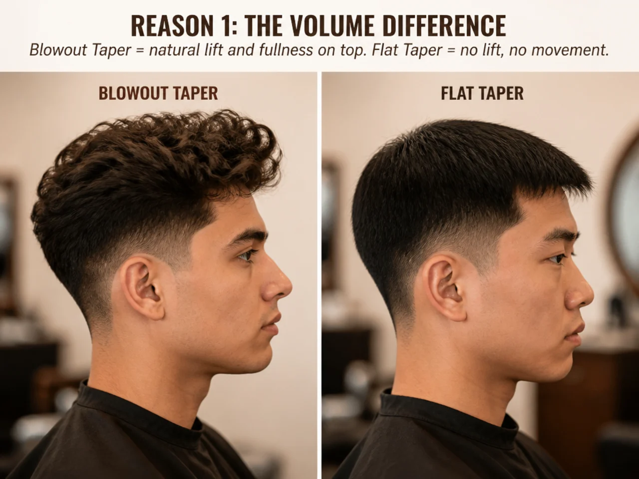 Profile shot showing a low taper blowout with visible volume against a flat taper silhouette