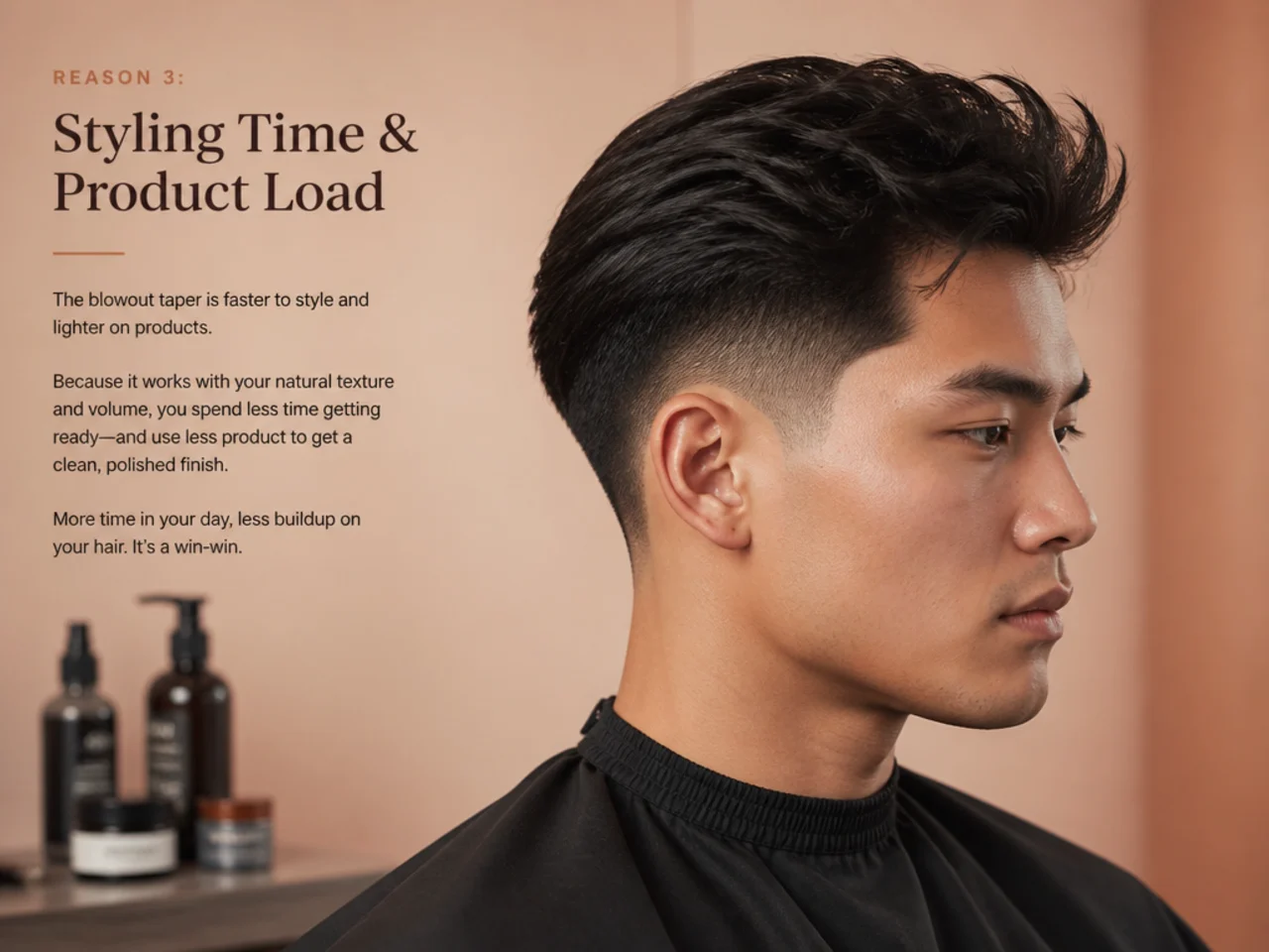 Bathroom counter with a round brush, matte cream, sea-salt spray and a hooded blow-dryer laid out for a low taper blowout routine