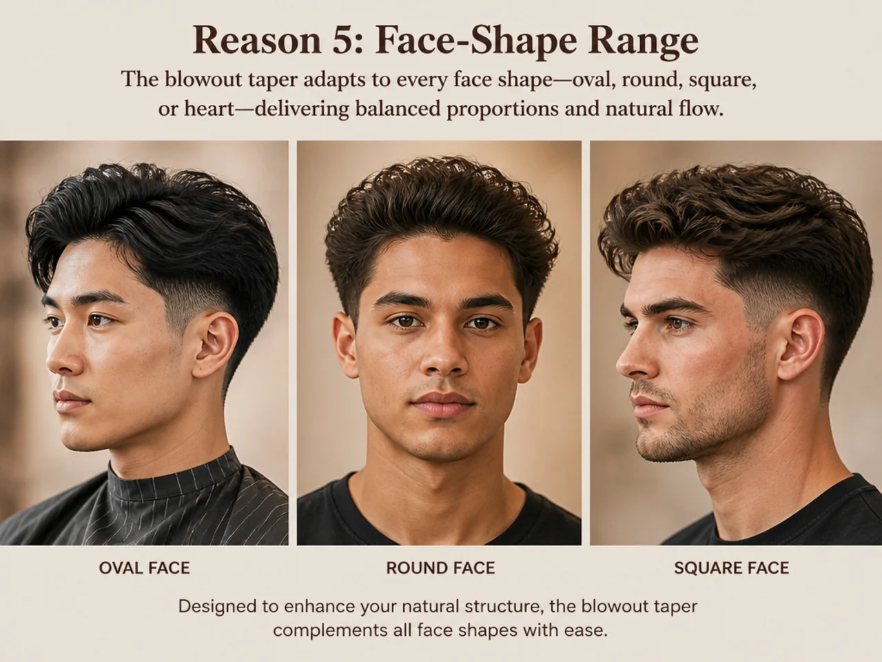 Editorial four-portrait grid showing round, square, heart and long face shapes wearing a low taper blowout