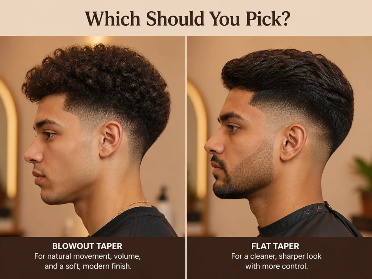 A barber holding two reference photos — low taper blowout on the left, flat low taper on the right