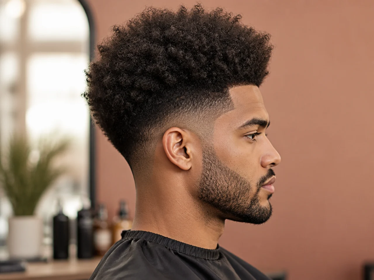 Curly brushed-out afro puff shape on 3C or 4A hair with a soft low taper fade