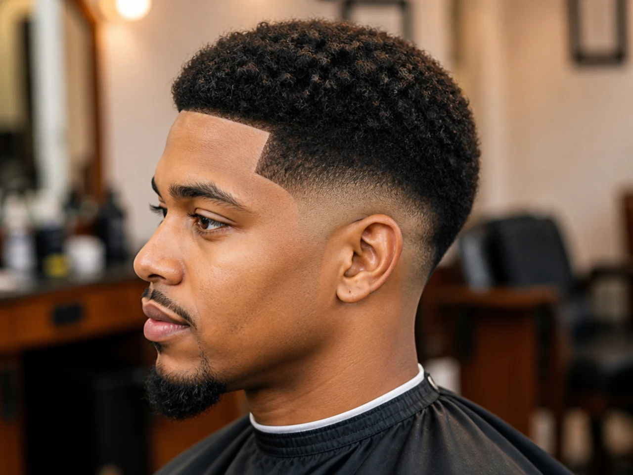 Low taper fade with a sharp razored line-up at the forehead and temples framing a two-inch 4B afro