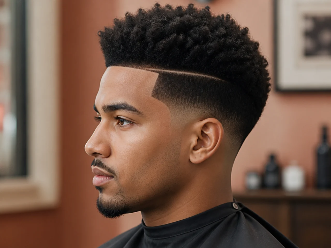 Low taper fade with a razored hard part along the left side and a three-inch afro on top