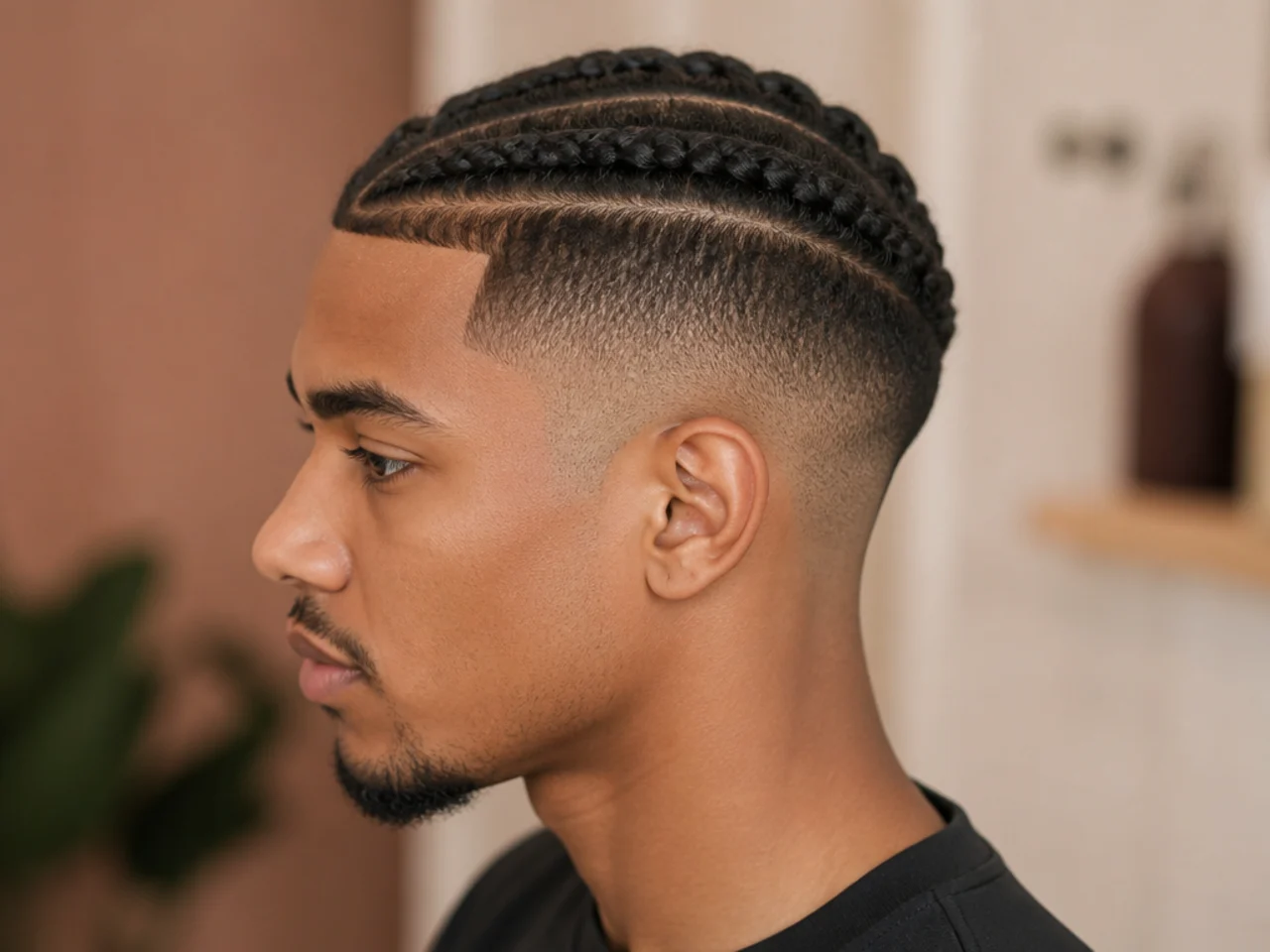 Short cornrows braided into a small crown afro with a clean low taper fade on the sides