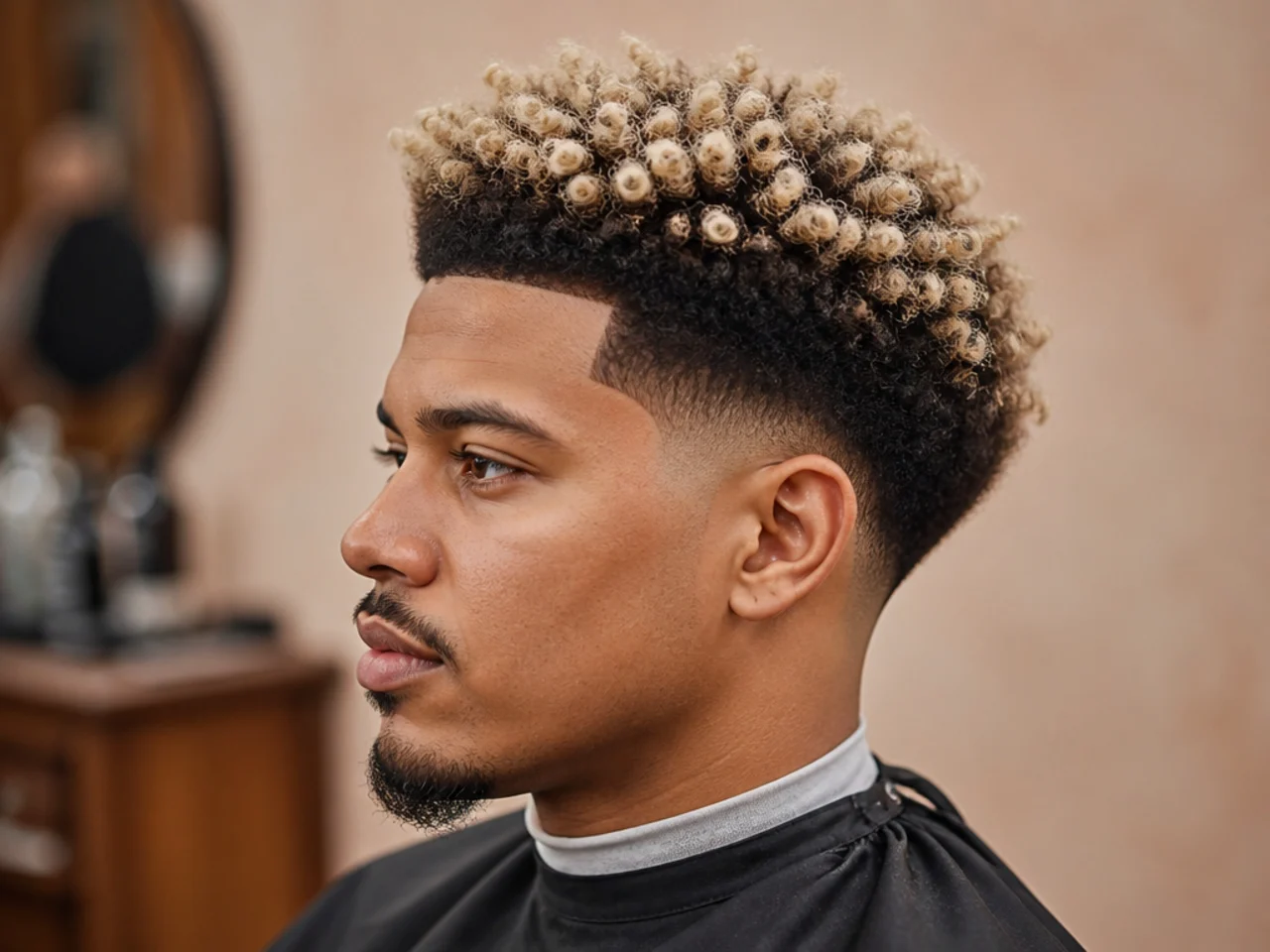 Three-inch afro with bleached blonde tips over dark natural roots and a low taper fade on the sides