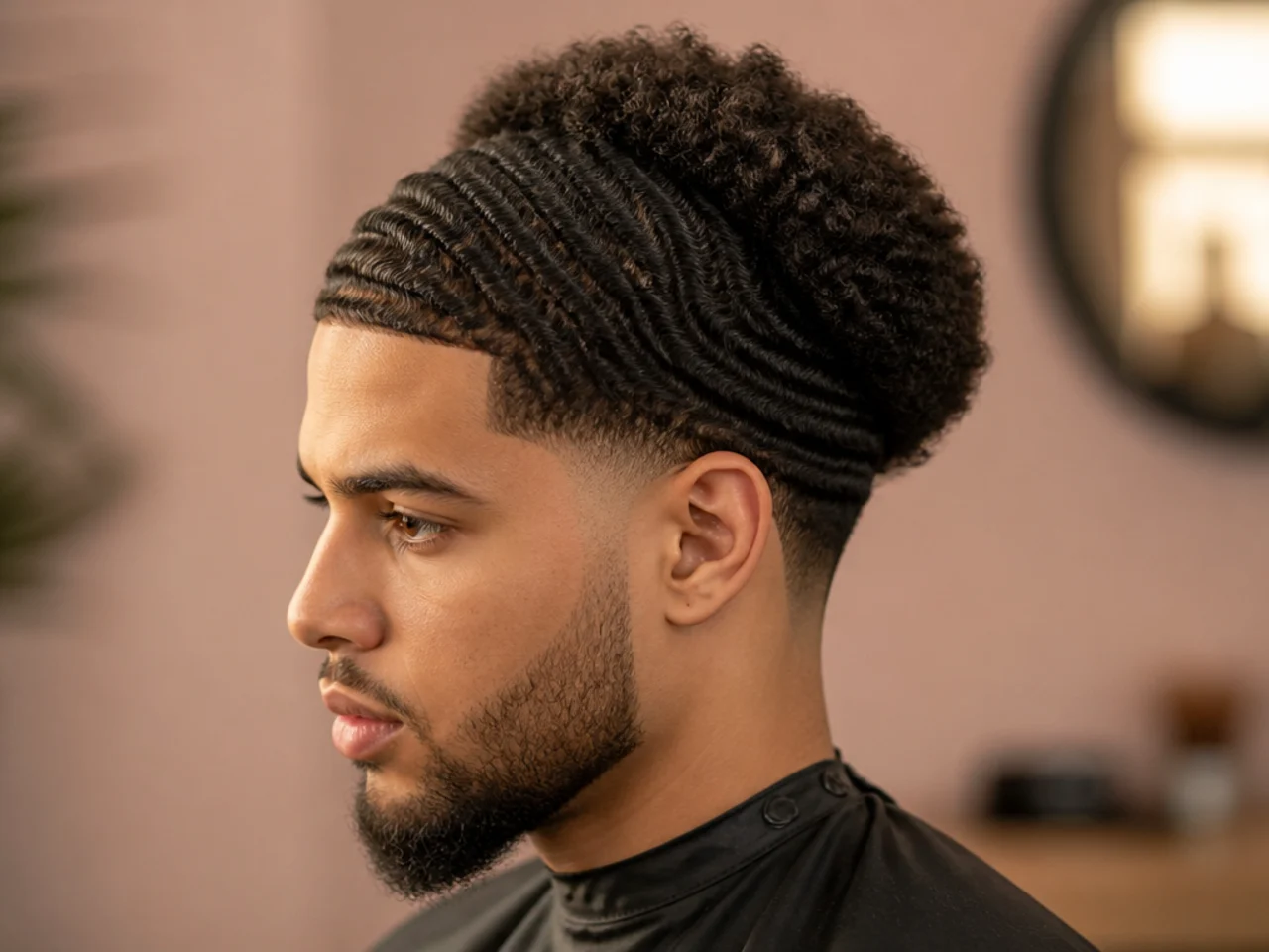 Hybrid style with 360 waves at the front and sides and a small two-inch afro at the crown with a low taper fade